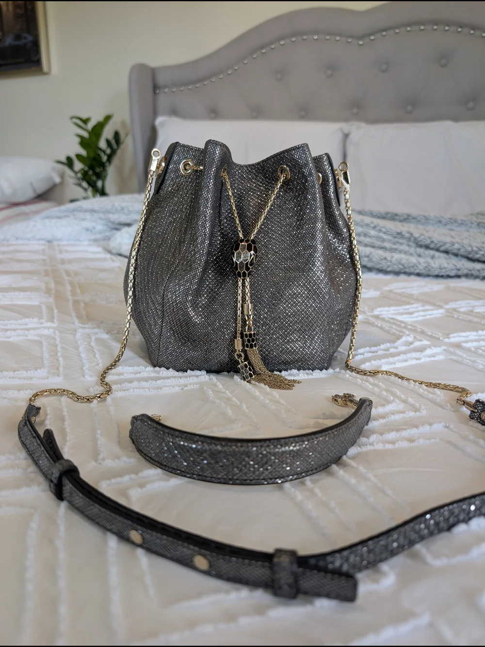 Bvlgari Silver Bucket Drawstring Bag Gold Chain Strap Tassel Accent Designer